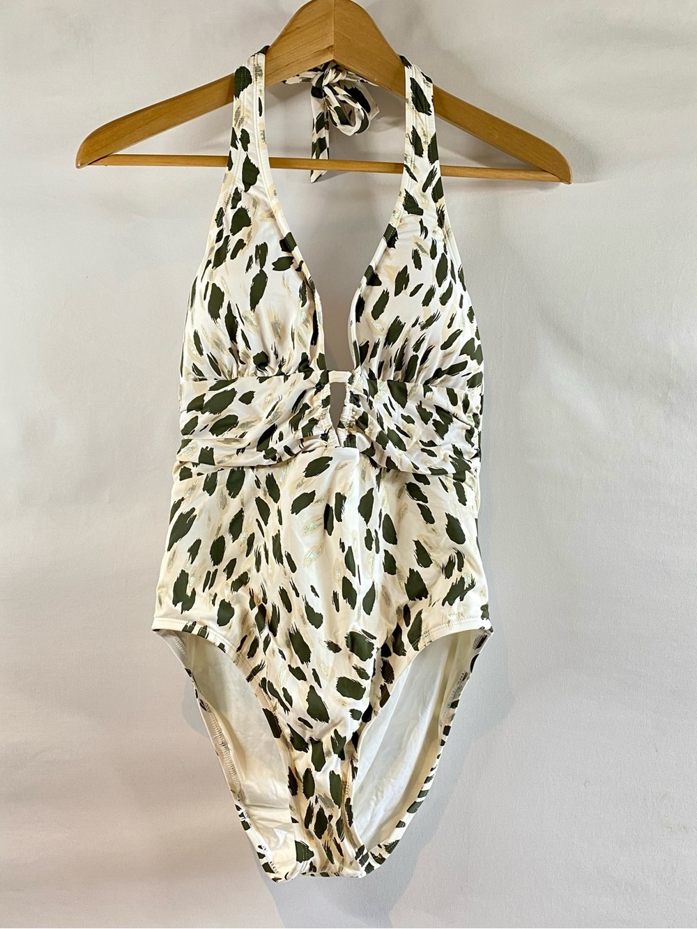 La Blanca White Halter One-Piece with Olive Spot Print, size 8 - Picture 2 of 8